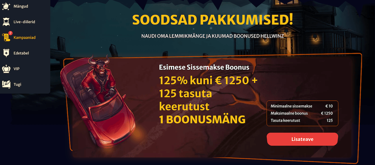 Hellwinz tervitusboonus 125% kuni 1250 € ja 125 tasuta spinni